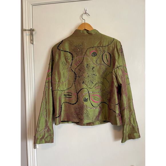 Bleu Bayou grean silk blazer embroidered beaded pink black collar art Large - Picture 2 of 7